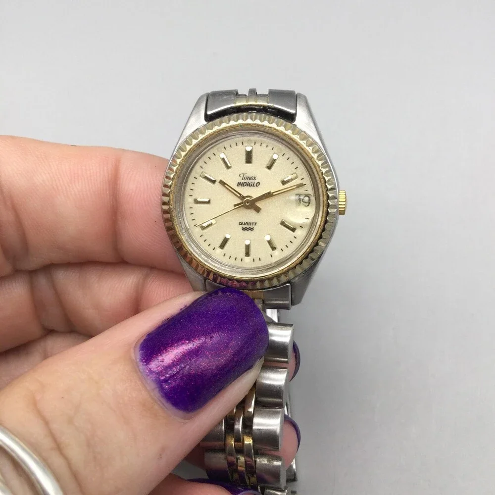 Timex Indiglo Womens Watch 24mm Champagne Dial Two Tone Date New Battery 6.5